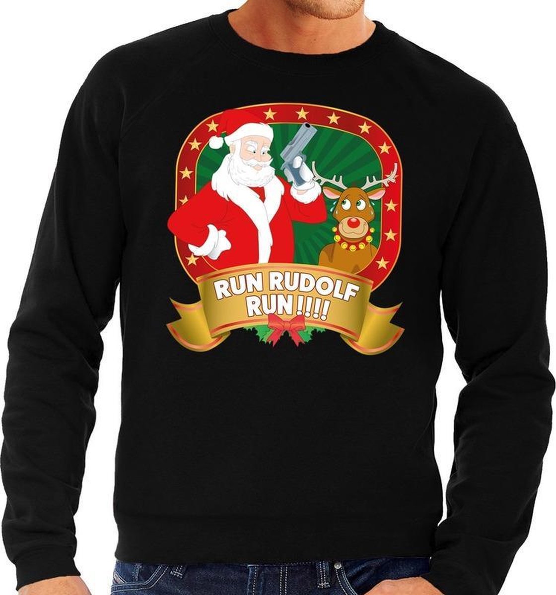 Afbeelding van product Bellatio Decorations  Foute kersttrui / sweater - zwart - Kerstman Run Rudolf Run heren XL (54)  - maat XL