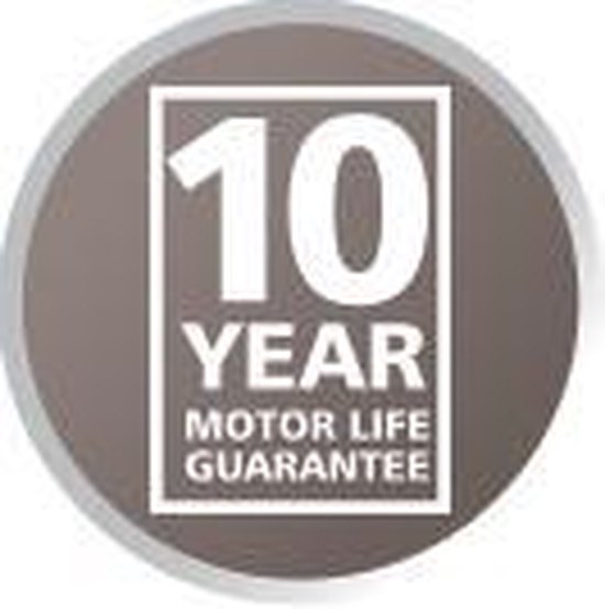 Icoon met '10 YEAR MOTOR LIFE GUARANTEE' in het Nederlands.