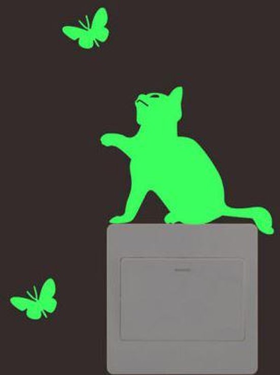 Glow In The Dark spelende kat met vlinders - poes kinderkamer decoratie lichtknop - nachtlampje muur sticker