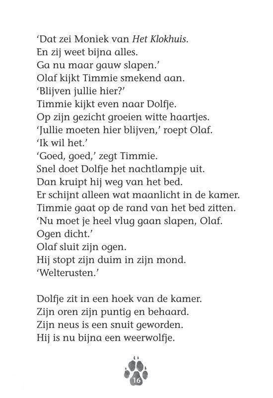 Bladzijde met tekst over Olaf die bang is in het donker. Onderaan staat een pootafdruk.