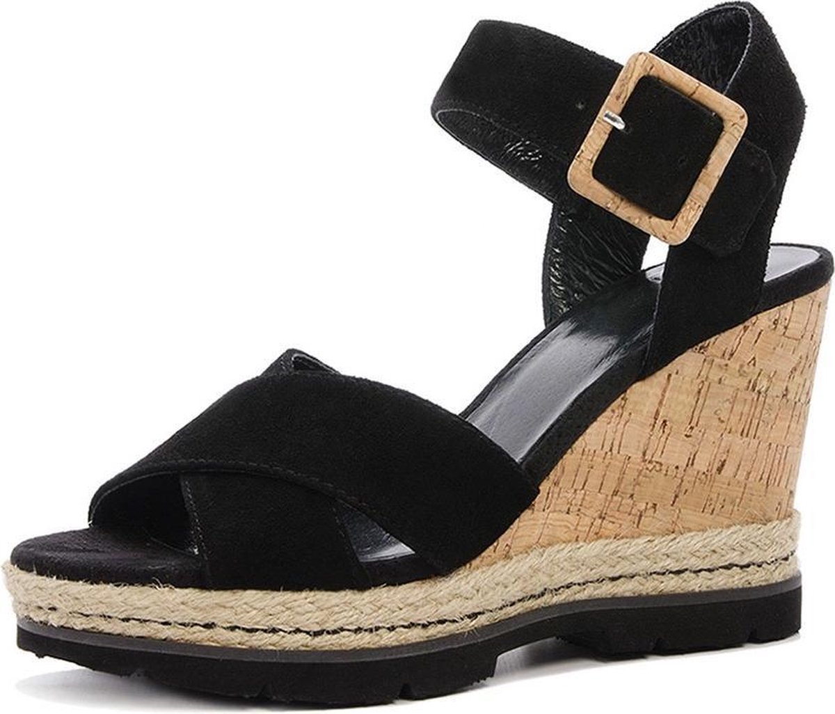 Spm Sleehak Sandaal - Espadrille - Kurk - Zwart - Maat: 37 | bol.com