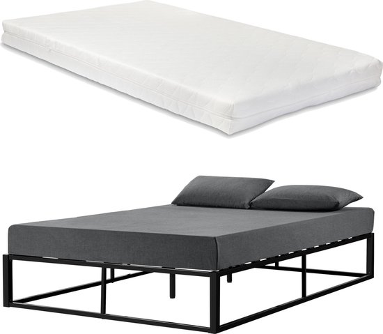 Stalen bed met bedbodem incl. matras zwart 200x180cm
