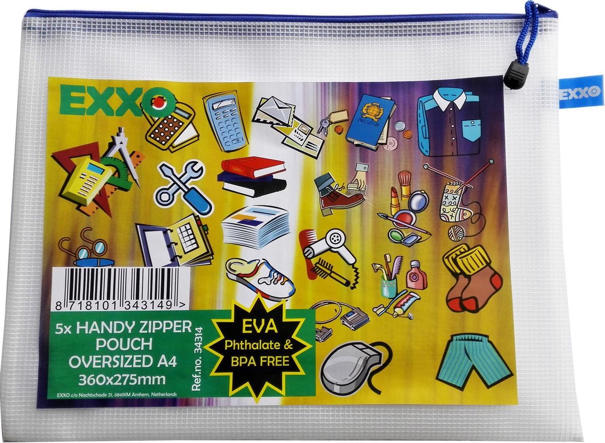 EXXO-HFP #34314 - A4-XL BPA-vrije Opbergtas - Multi-Purpose - Blauwe rits - 5 stuks (1 pak @ 5 stuks)