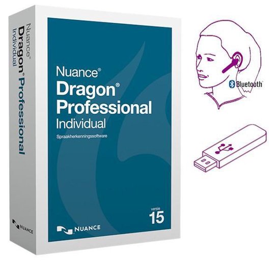 Dragon Professional Individual 15 Wireless (Nederlands+Engels) - spraakherkenningssoftware met Jabra Stealth Bluetooth headset en USB-stick met de installatiebestanden