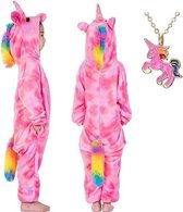 Eenhoorn Onesie Unicorn roze huispak kostuum kinderen - 140-146 (140) + ketting verkleedkleren meisje