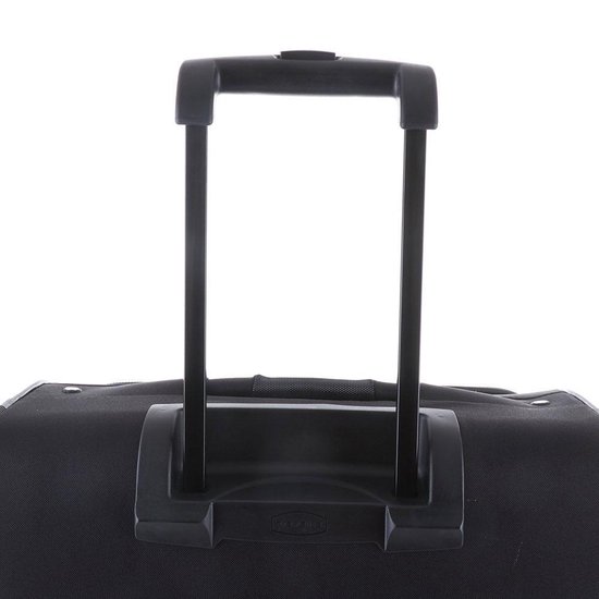Poignée d'une valise noire avec barre rétractable.