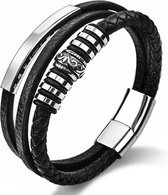 Victorious Zwart Leren Armband Heren – Zwart Leer en Roestvrij Staal – Zwart/Zilver – 22cm