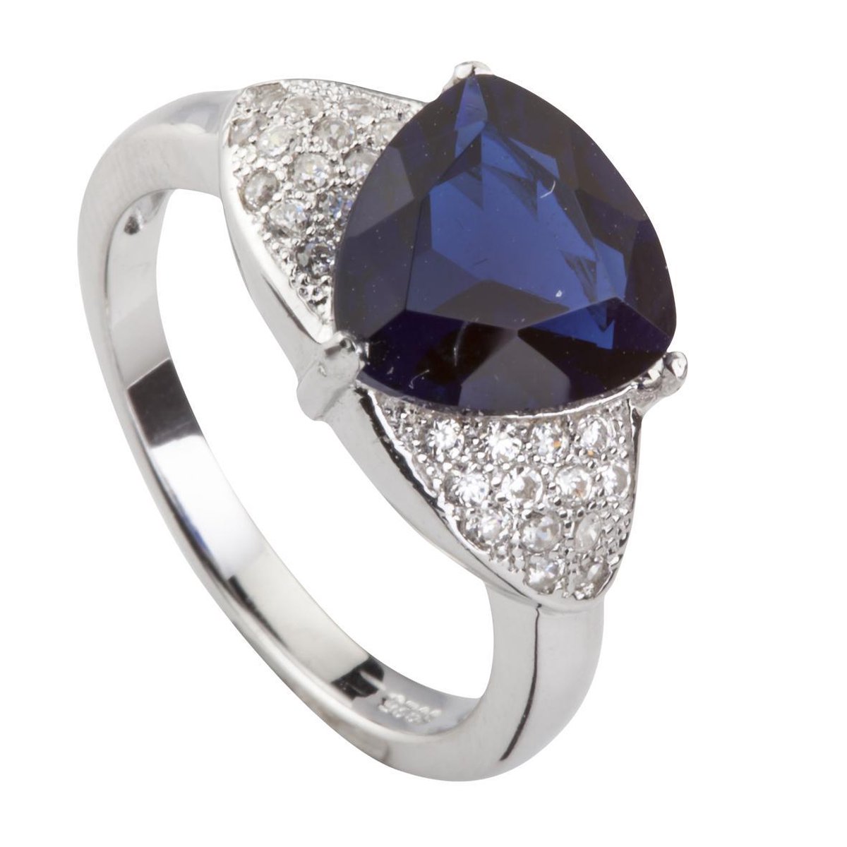 Moederdagactie! Brigada - ring met saffierblauwe triangel zirkonia steen - 925 sterling zilver - maat 18,5