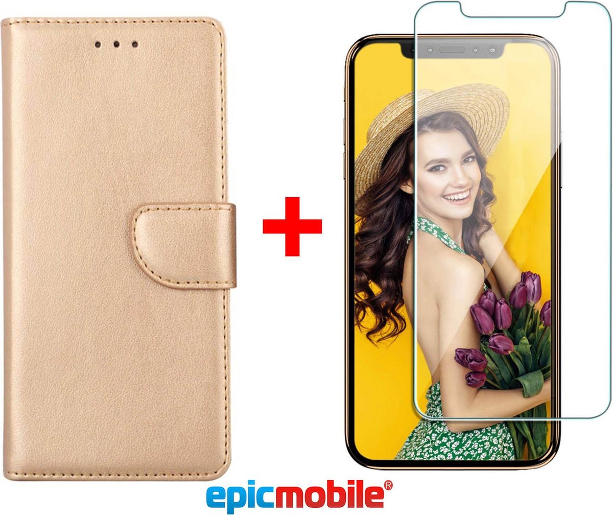 Epicmobile - iPhone 11 book case - deluxe portemonnee hoesje + Screenprotector - 9H tempered glass - Goud