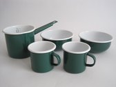Emaille set - steelpan, 2 schaaltjes en 2 mokken - donkergroen