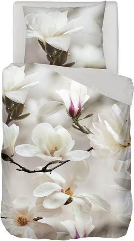 Snoozing Floral - Flanel - Dekbedovertrek - Eenpersoons - 140x200/220 cm + 1 kussensloop 60x70 cm - Wit
