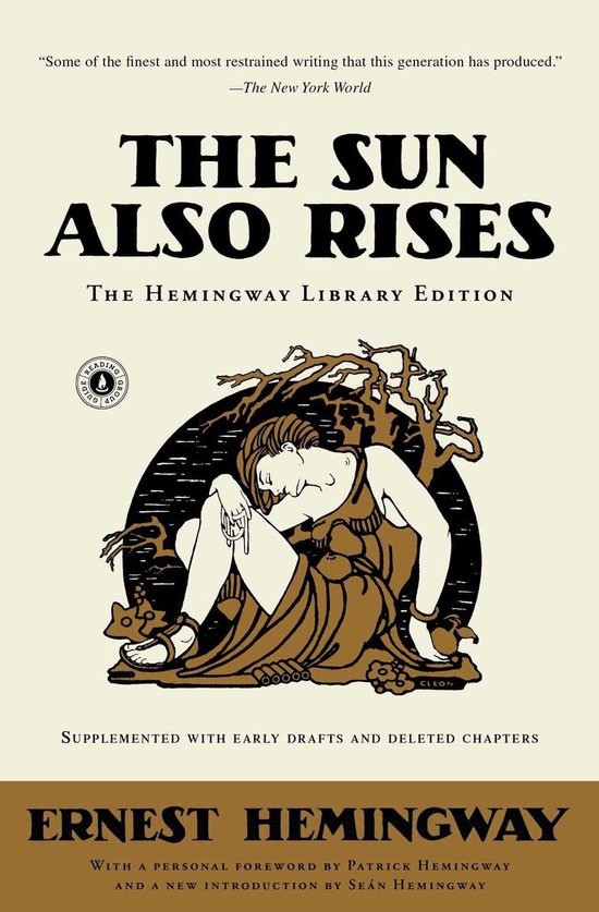 Couverture du livre 'The Sun Also Rises' édition Ernest Hemingway Library. Une illustration montre une figure enchaînée sous un arbre. Texte: 'The Sun Also Rises'.
