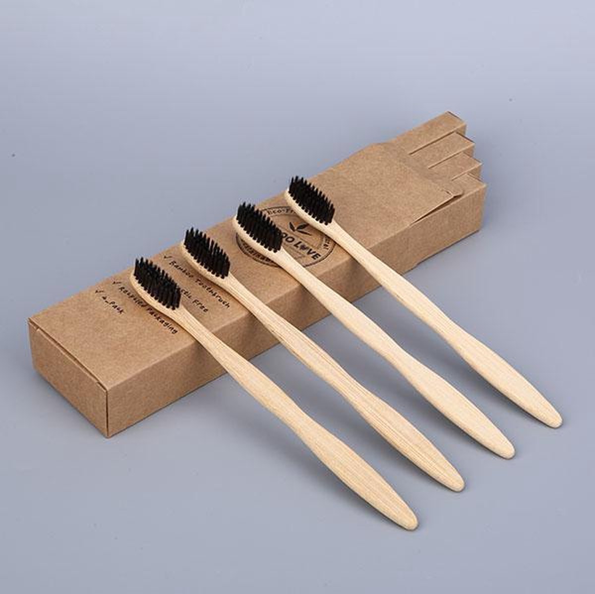 Goedkoopste 100 Bamboo Ecologische Bamboe Tandenborstel Zwart - Set van 4 - Recyclebaar en Biologisch afbreekbaar
