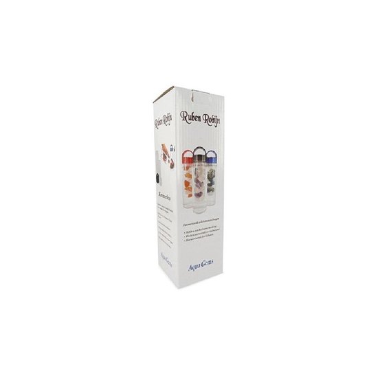 De verpakking van een Ruben Robijn Aqua Gems drinkfles met afbeeldingen van drie flessen.