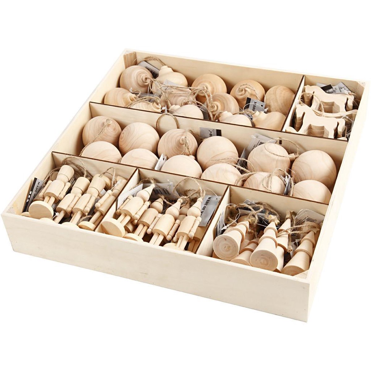 Houten kerst decoratie set van 72 stuks in verschillende vormen en maten voor feestelijke sfeer.