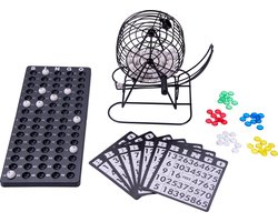 Longfield - Bingomolen Zwart Metaal – Compacte Bingo Set – Inclusief Bingoballen - Controlebord Bingo - Bingokaarten - Gekleurde Bingo fiches – Kienen - Bingo spel – Traditioneel Spel - Bingo avond - Engelhart