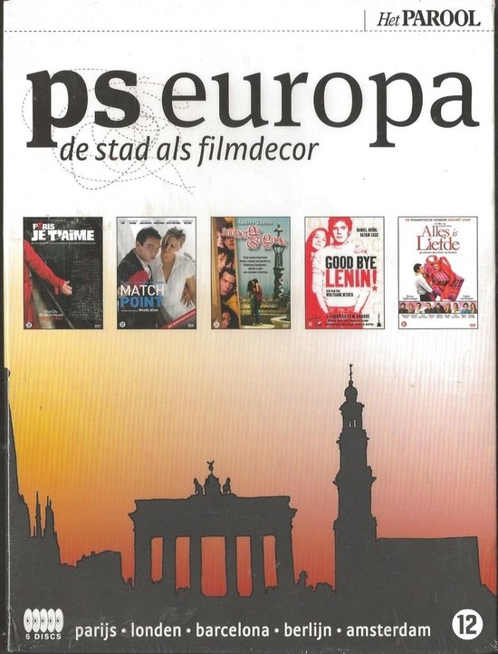 DVD box PS Europa: de stad als filmdecor. Bevat 'Paris je t'aime', 'Match Point', 'L'auberge Espagnol', 'Goodbye Lenin!' en 'Alles is Liefde'.