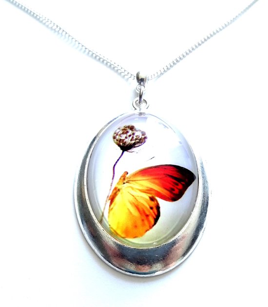 2 Love it Floral Butterfly - Collier - Pendentif 30 x 40 MM - Ovale - Métal - Marron - Jaune - Oranje - Rouge - Zwart - Wit - Couleur argent