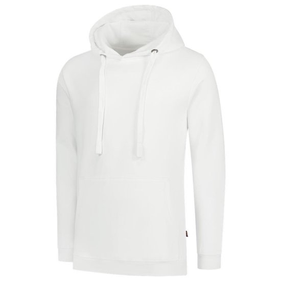 Witte capuchontrui met kangoeroezak en rood detail op de zoom.