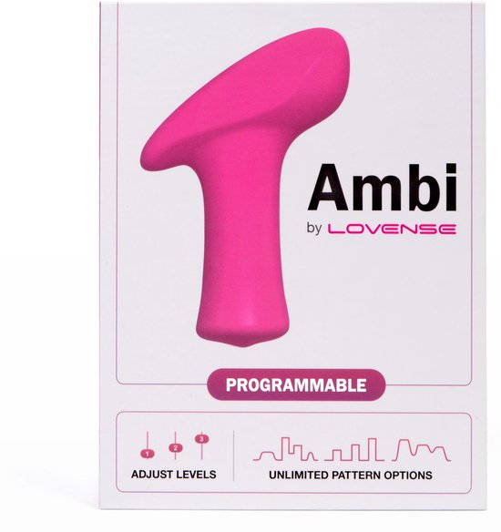 Doos van de roze Lovense Ambi vibrator. Toont "PROGRAMMABLE" en "UNLIMITED PATTERN OPTIONS".