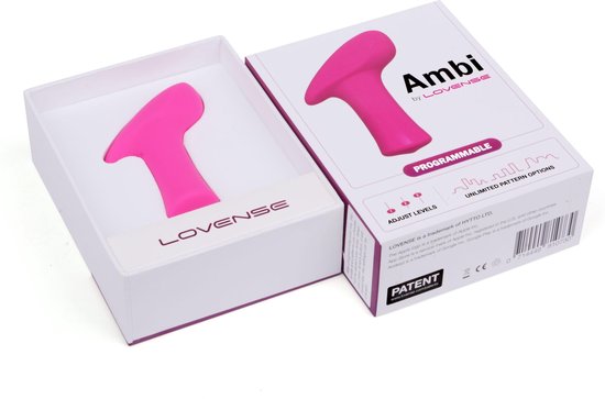 Roze vibrator in de verpakking van Lovense Ambi, met de tekst 'PROGRAMMABLE' en grafieken.