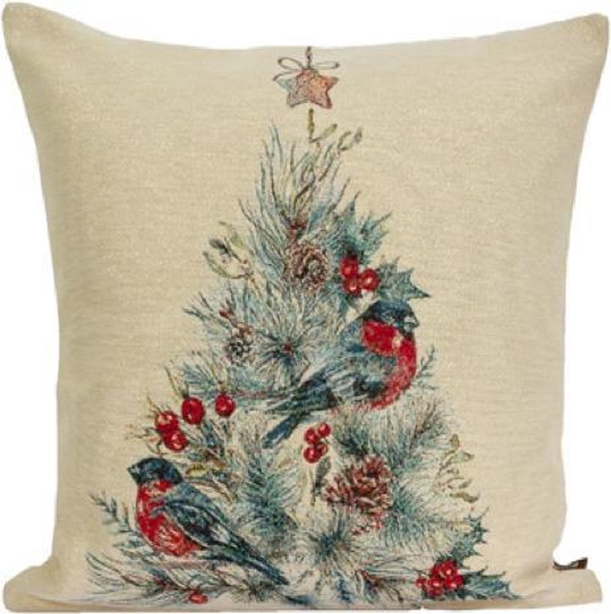 Kussenhoes Christmas Robin – luxe gobelinstof – roodborstje – goud glitterdraad – 45 x 45 cm
