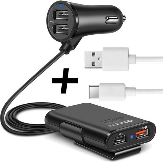 amateur produceren College Autolader met 4 USB Poorten + USB-C Kabel - Oplader met Fast Charge - Zwart  - TechNow | bol.com