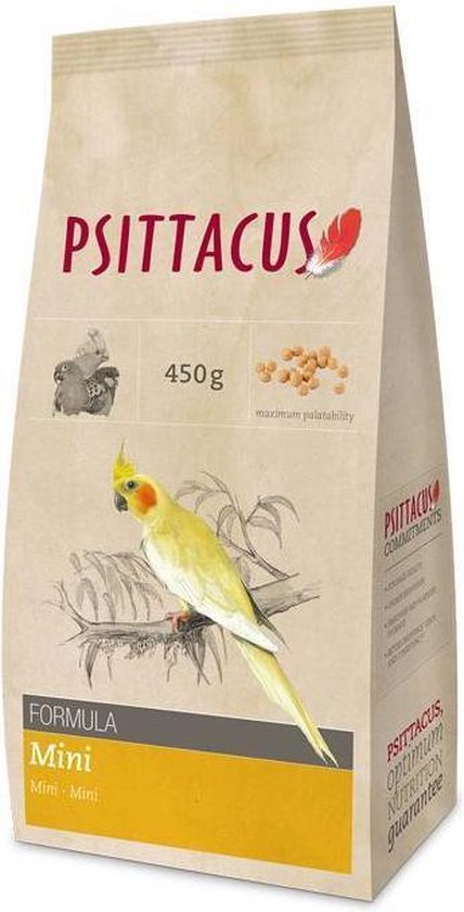 Psittacus Maintenance Mini formule 450g voeding voor vogels, met een gele kuifparkiet op een tak.