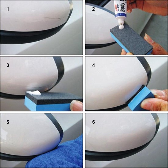Stapsgewijze instructies voor het verwijderen van krassen op een witte auto met "Body Compound".
