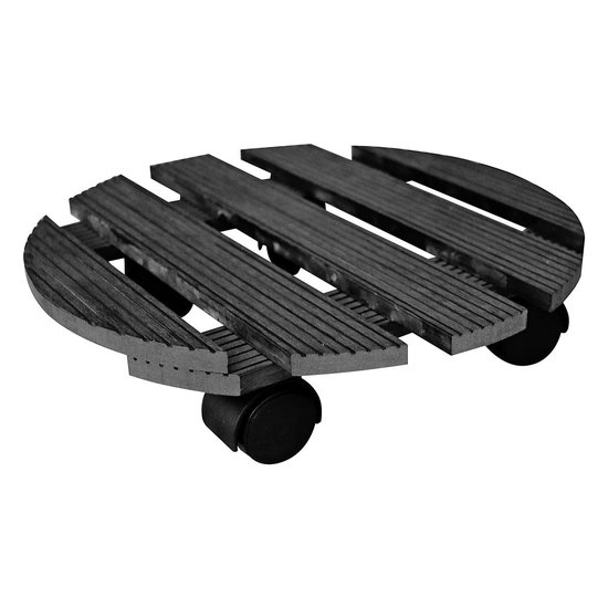 Houten plantentrolley van 30 cm met vier zwarte wieltjes.
