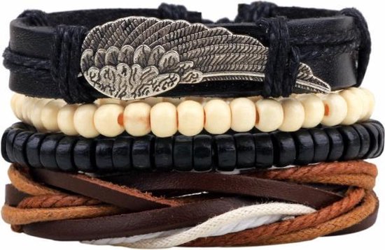 Fako Bijoux® - Leren Armband - Leder - Set Vintage - Vleugel