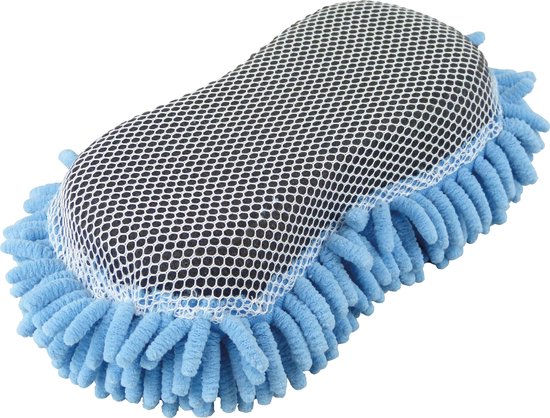 Blauwe spons met een gaas- en microvezeloppervlak.