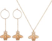 oorbellen dames | ketting dames | sieradenset | goudkleurige oorbellen en ketting met bij | cadeau voor vrouw |
