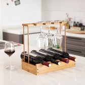 Decopatent® Wijnrek voor 4 flessen wijn en 4 wijnglazen - Bamboe - Hout - Design wijnrek - Wijnflessenrek - Flessenrek met wijnglashouder