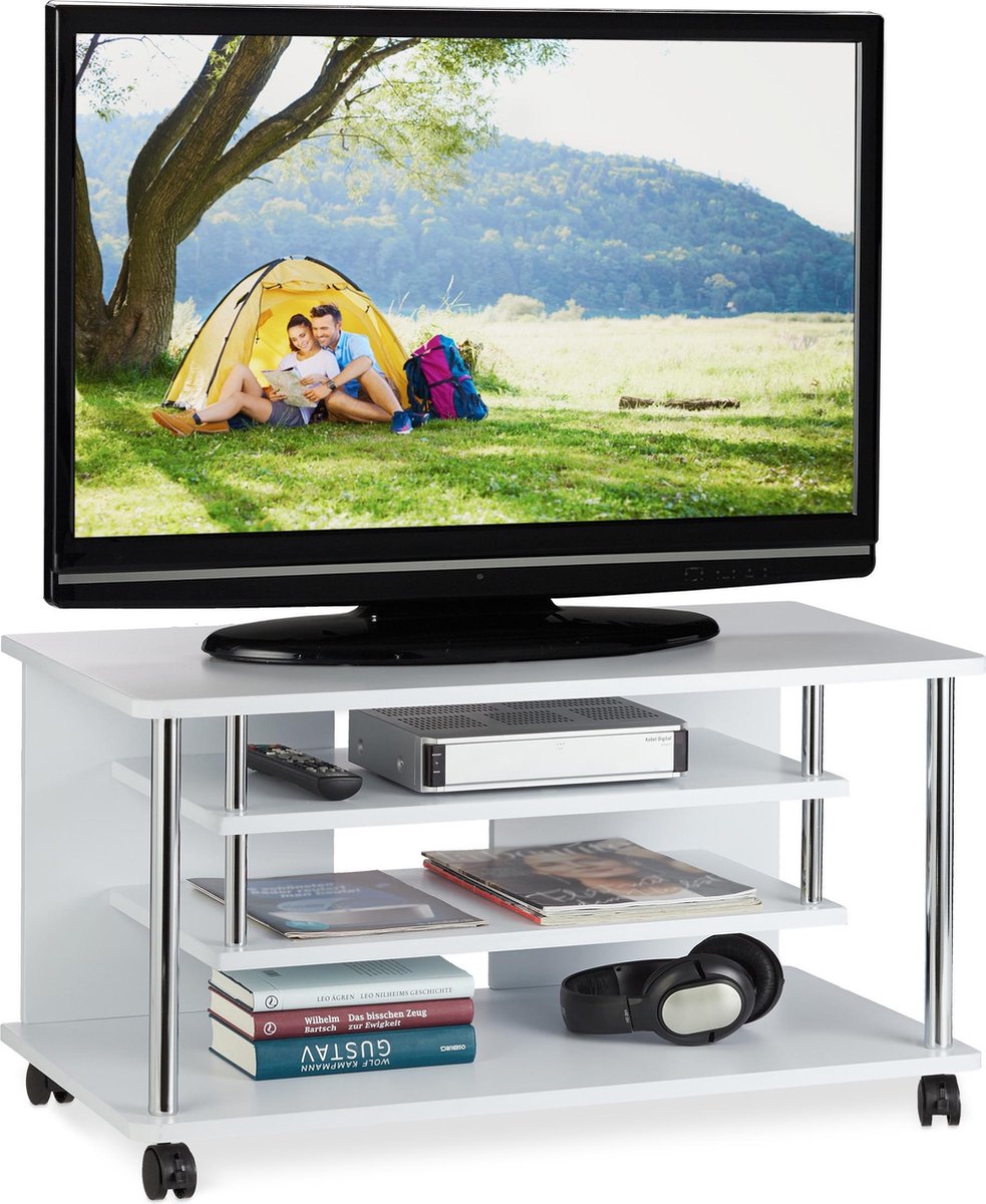relaxdays tv meubel op wielen - tv kast wit - televisietafel - 3 vakken -  verrijdbaar | bol.com