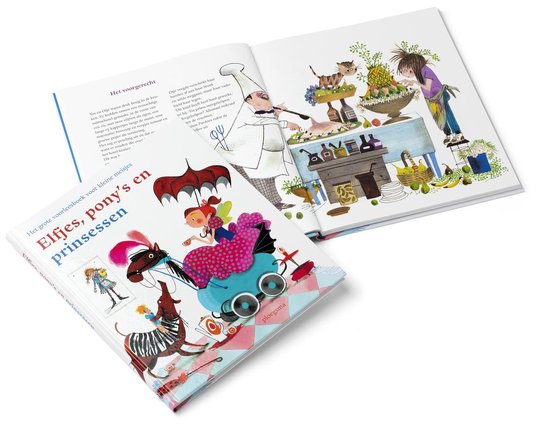 Een boek met de titel 'Elfjes, pony's en prinsessen' en een open boek met een illustratie van een chef-kok en fruit.