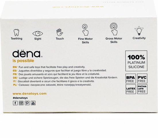 Doos met Dena speelgoed, 100% platinum silicone, BPA-, PVC-, Latex- en ftalaatvrij.