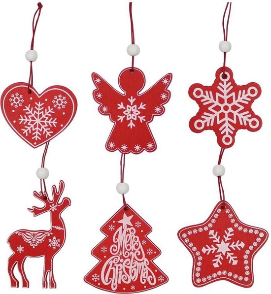 nog een keer Technologie Afdaling Houten kerst hangers - 6 verschillende rode kersthangers - Kerstboom  decoratie | bol.com