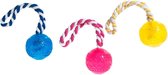 Dog toy tpr ball w. rope colour ass., dia 7cm