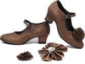 Bruin glitter Prinsessen Communie schoenen Spaanse schoenen met hakken + bloemclips (maat 37 - 23,5cm)