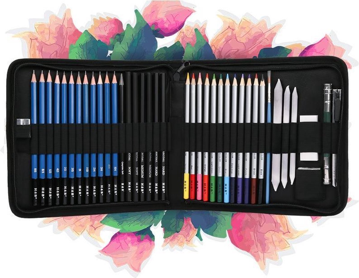 Potloden volwassenen | 40 stuks grafiet potloden set | potloden HB | kleurpotloden | opbergmap | Sketch set | Professionele tekenset | Houtskool potloden