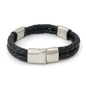 Stoere herenarmband van gevlochten leer en stalen schakels.