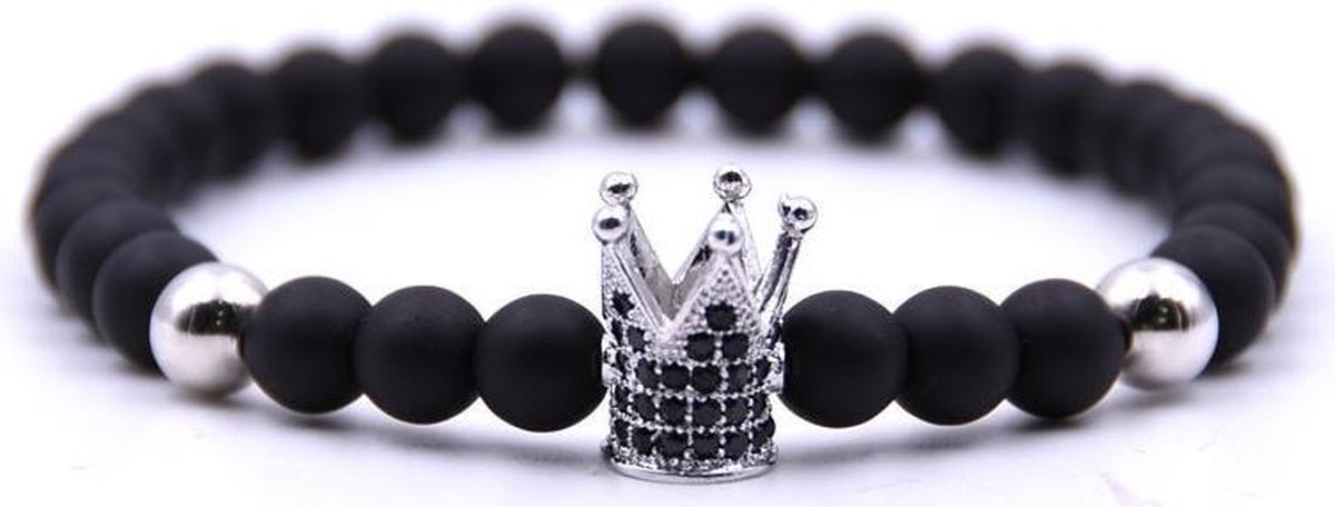 Kralen Armband met Zilver Kleurige Kroontje - Zwart - Kroon - Armbanden Heren Dames - Papa Cadeau Voor Mannen - Vaderdag