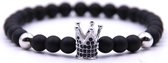 Kralen Armband met Zilver Kleurige Kroontje - Zwart - Kroon - Armbanden Heren Dames - Cadeau voor Man