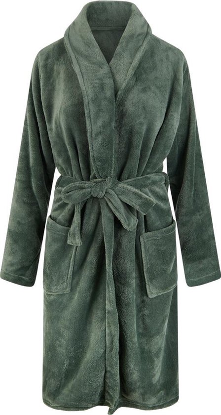 Unisex badjas fleece - sjaalkraag - groen - badjas heren - badjas dames - maat Xl/XXL