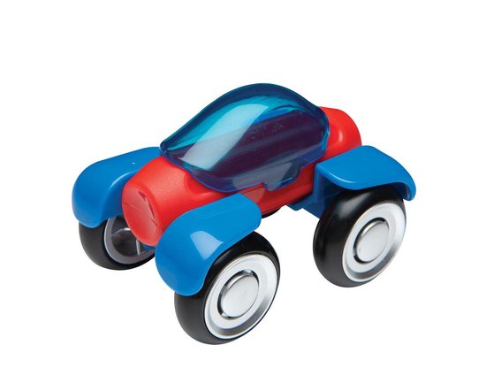 Rood en blauw auto speelgoed met transparant blauwe cockpit en wielen.