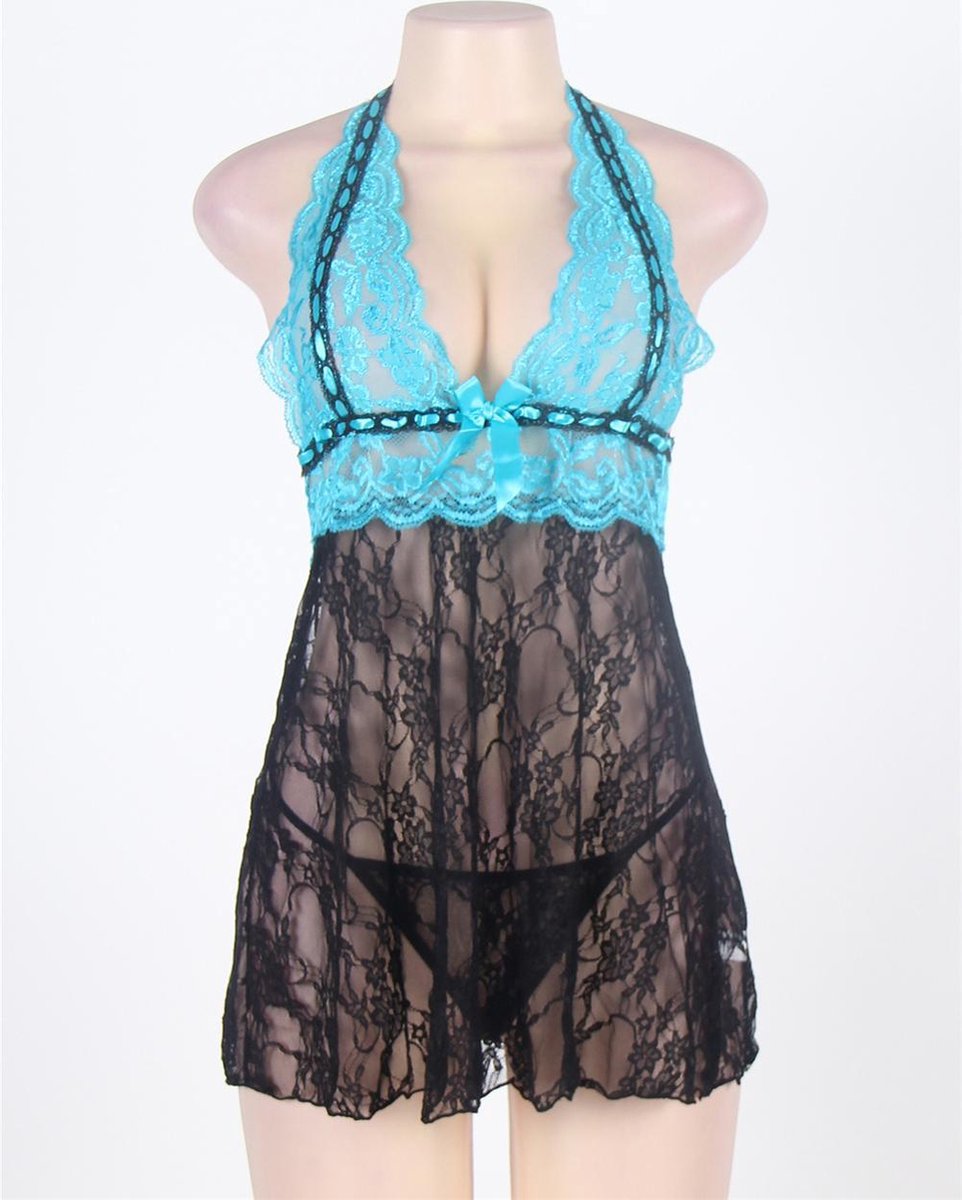 Goedkoopste Verleidelijk zwart met blauw kanten nachtjurkje | Maat 42 | Stijlvol Sexy Lingerie
