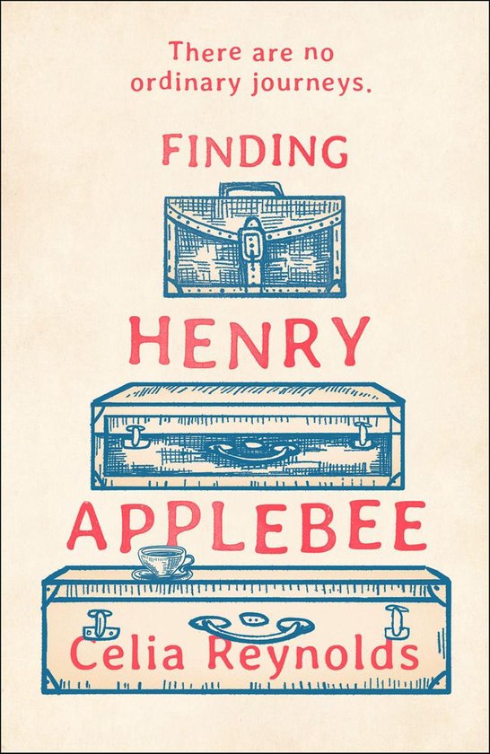 Boek kaft met de titel 'Finding Henry Applebee'. Drie blauwe koffers op elkaar gestapeld, met rode tekst.