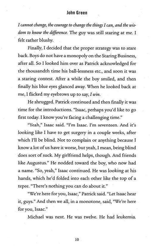 Een pagina uit het boek 'The Fault In Our Stars' met tekst.
