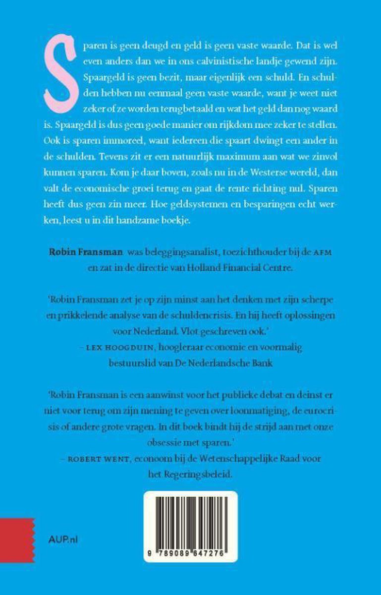 Achterkant van een boek met tekst over sparen en schuld, de auteur Robin Fransman en citaten.